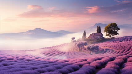 Obraz premium a small house in a lavender field, a beautiful spring landscape, morning in nature lavender flowers