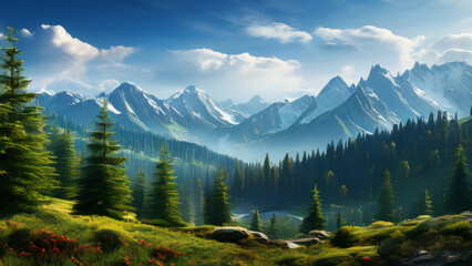 Summer landscape of wildlife and animals on the background of high mountains, green trees. A sense...