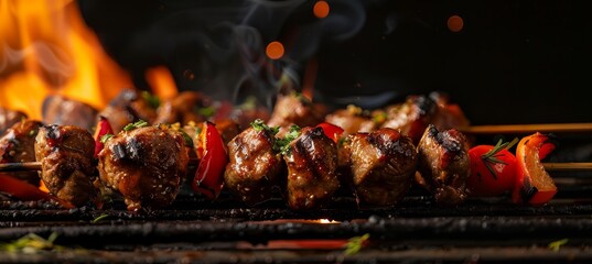 Outdoor Grilling: Delicious Meat and Veggie Skewers blurred background 