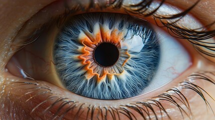   A close-up of a person's eye with blue irises on either side of an orange iris in the center