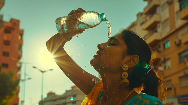 Indians drinking clean water from bottles Standing outside in the hot weather. heat wave. 