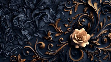 A gold and black flower with a gold stem is on a blue background