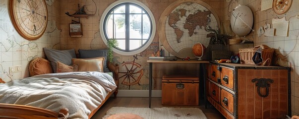 Adventure-themed child's room with a small desk, map wallpapers, and treasure chest toy box