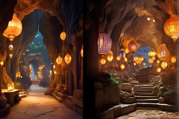 ゲーム背景ランタン通りのファンタジー地下帝国洞窟路地