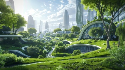 create a futuristic, urbanist, downtown city, with a green, urban forest, emphasize sustainability, leed platinum, hyper-realistic