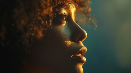 Close-up portrait of a beautiful young woman with curly hair, glowing skin, and a soft smile.