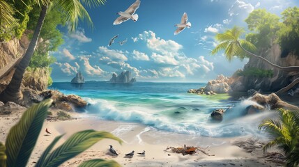 a magical beach in the foreground, ocean in the background, hyper realistic, highly detailed with...
