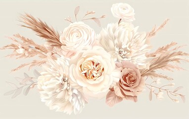 Boho and blush trendy vector design bouquet. Pastel pampas grass, ivory peonies, cream carnations, dusty pink roses, ranunculus, dried leaves. Wedding flowers. 
