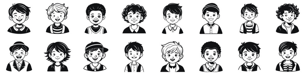 School boys heads vector illustration. Boy portrait with different hair style hand drawn black on white background.