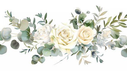 Watercolor flower bouquet. White roses and green plants. Eucalyptus branch. Perfect for wedding stationery, greetings, wallpaper, fashion, fabric, home decor. 