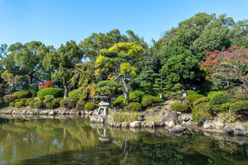 Beautiful calm scene in spring Japanese garden in osaka, Japan