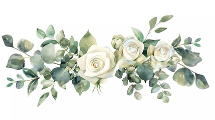 Watercolor flower bouquet. White roses and green plants. Eucalyptus branch. Perfect for wedding stationery, greetings, wallpaper, fashion, fabric, home decor. 