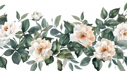 Watercolor floral seamless border with green leaves, white flowers blush peach pink, leaves branches.