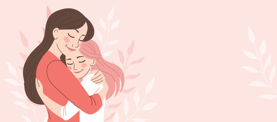 Mom hugs her daughter. Motherhood, parenthood. Woman with child. Mother's day banner, card. Vector cartoon illustration in flat style.Banner with space for text