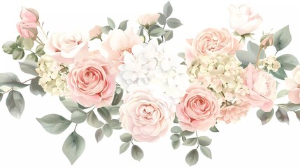 Blush pink garden roses, ranunculus, hydrangea flower vector design bouquet. Wedding flowers and greenery. watercolor flowers 