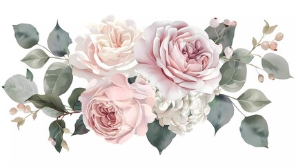 Blush pink garden roses, ranunculus, hydrangea flower vector design bouquet. Wedding flowers and greenery. watercolor flowers 