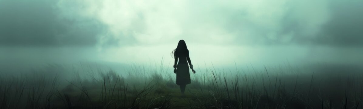 Woman standing alone in a field of tall grass. Mystical background. Banner