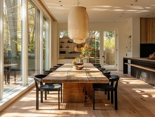 Elegant minimal dining room featuring a long wooden table, simple black chairs, and soft natural light