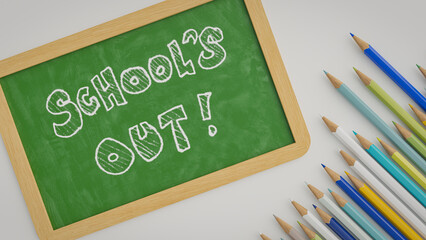 School summer vacation background announced with pencil and mini blackboard. 3d rendering