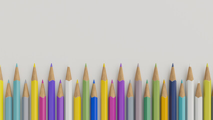 Various colored pencils flat lay background. 3d rendering