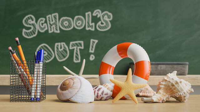 Chalkboard background in classroom announcing summer vacation at school. 3d rendering