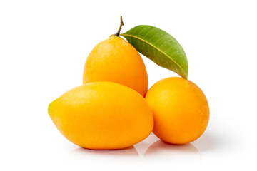 Fresh sweet marian plum with leaf isolated on white background.