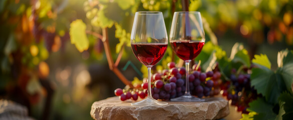 Glasses of red wine with ripe grapes in vineyard setting