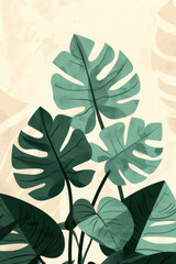 Fototapeta premium Tropical Monstera Leaves Illustration on Cream Background