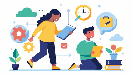 A mentee with ADHD learns organization and time management skills from their mentor who has OCD helping them excel in their career.. Vector illustration