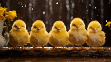Five fluffy yellow chicks lined up against a backdrop of dark rainy weather and spring blooms.