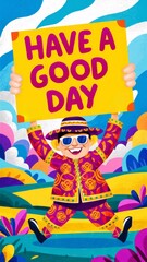 Fototapeta premium A bright and cheerful poster featuring a cartoon man holding a 