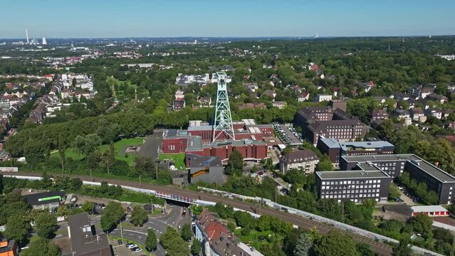 Aerial drone view of the German Mining Museum, also known as Deutsches Bergbau-Museum Bochum. This major museum showcases the history and technology of mining, featuring mineral specimens .