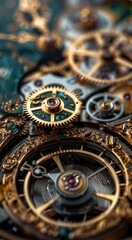 close up of vintage mechanical clock with gears. 3 d rendering