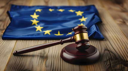 EU flag and wooden gavel on table with text space