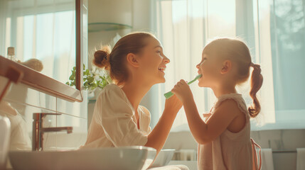 Happy mother and daughter smiling and brushing their teeth in the bathroom in the morning