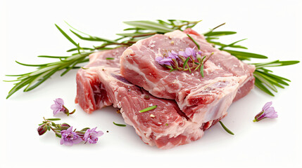 Raw pork meat with rosemary isolated on white background