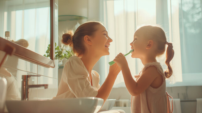 Happy mother and daughter smiling and brushing their teeth in the bathroom in the morning