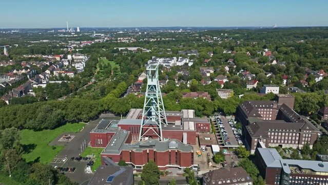 Aerial drone view of the German Mining Museum, also known as Deutsches Bergbau-Museum Bochum. This major museum showcases the history and technology of mining, featuring mineral specimens .