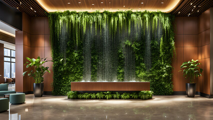 A cascading water fountain and lush green walls integrate nature into a hotel lobby, biophilic interior design - Powered by Adobe
