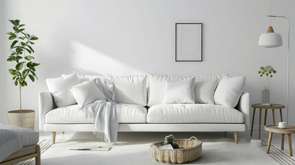 Beautiful white living room with sofa and little wooden table.