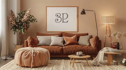 3d brown color living room interior.