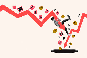 Creative collage image young man falling down economy business failure rate inflation currency golden coins drawing background