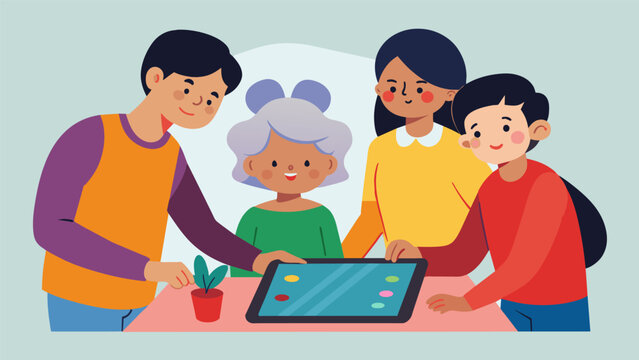Family members take turns drawing and guessing on a digital drawing game passing around a tablet that displays the drawing in progress for everyone to. Vector illustration