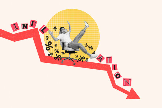 Creative collage picture young man economy inflation falling arrow decrease money loss currency devaluation percent rate