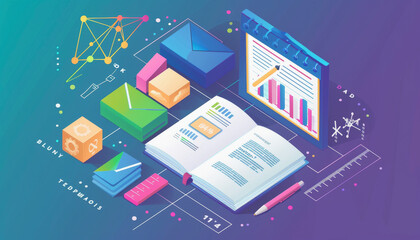 Fototapeta premium A colorful isometric illustration featuring data analytics and business strategy icons, including charts, graphs, books, and geometric shapes on a gradient background.