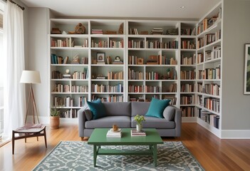 A cozy living room with a large built-in bookshelf filled with books, a gray sofa, a patterned rug, and a green coffee table