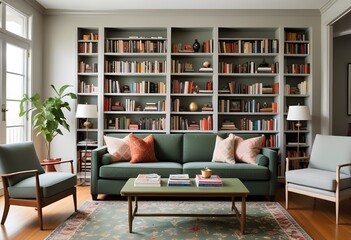 A cozy living room with a large built-in bookshelf filled with books, a gray sofa, a patterned rug, and a green coffee table