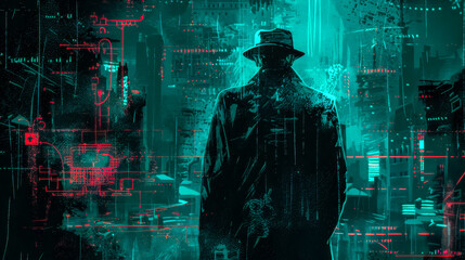 Cyberpunk detective in neon cityscape