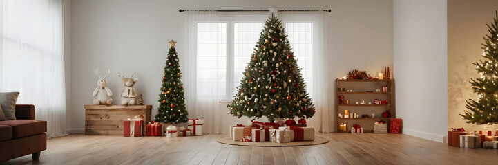 Big wood Christmas tree decorated with beautiful living room on wooden floor. Empty white wall background.
