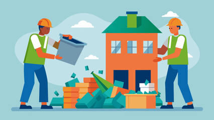 Two workers working together to deconstruct an old structure carefully removing and separating recyclable materials such as glass concrete and. Vector illustration